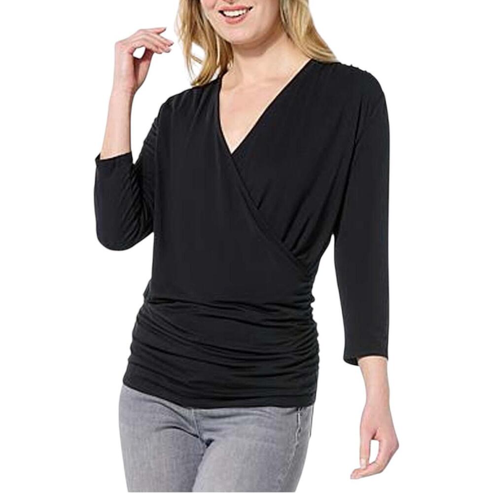 IMAN Global Chic Women's 3/4-Sleeve Surplice Top Black - Regular